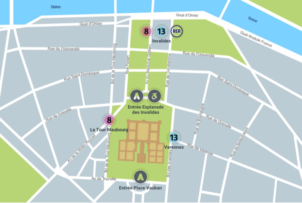 les-invalides-paris-map01 傷兵院的入口和地鐵示意圖