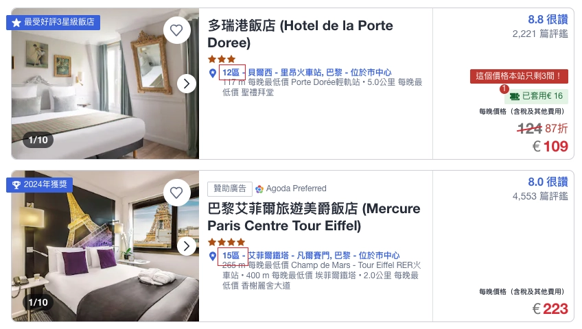 adago.com 網站上巴黎住宿選擇資訊