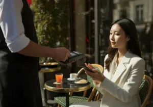 巴黎露天咖啡座，客人以行動支付付款