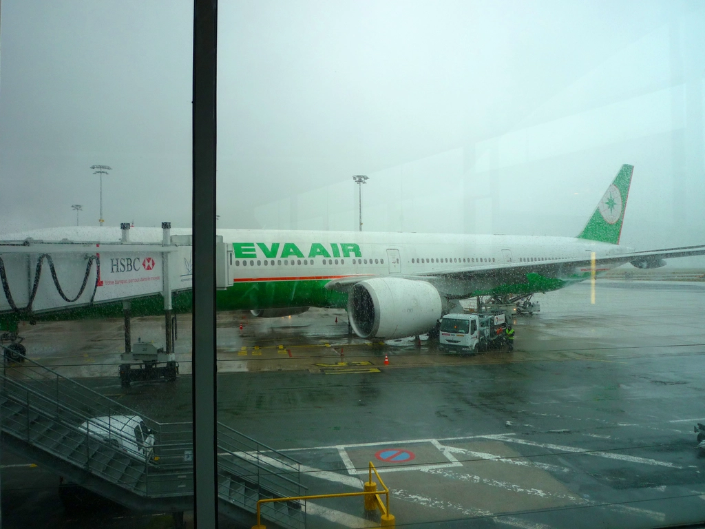 巴黎戴高樂機場的EVAAIR航班飛機