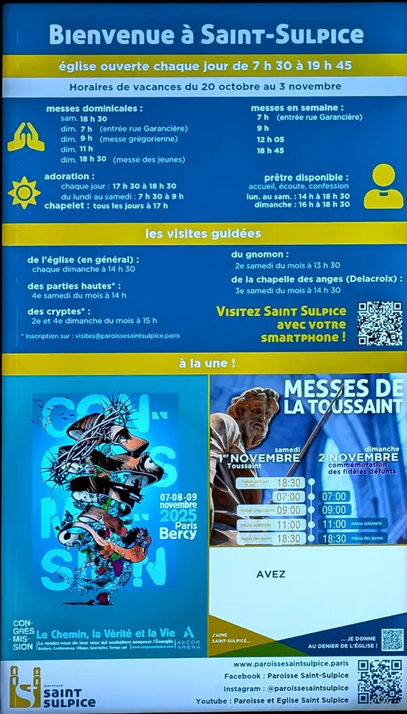 巴黎聖敘爾比斯教堂 Église Saint-Sulpice 的音樂會與開放時間的告示